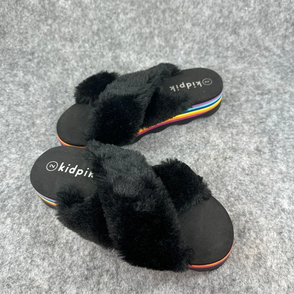 Kidpik Girls Size 2 Black Faux Fur Slide Sandals Platform Slip On Slides